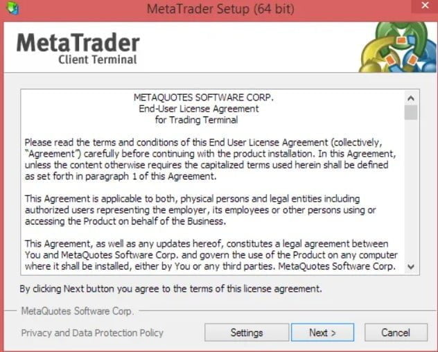 Cài đặt Metatrader 4 - chấp nhận điều khoản sử dụng