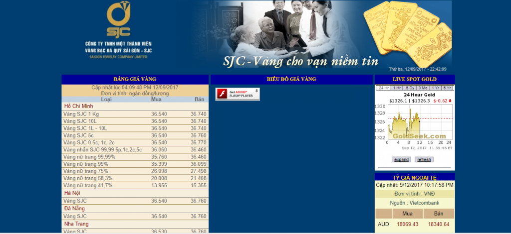 Trang web của SJC cập nhật liên tục các thông tin về giá vàng và ngoại tệ